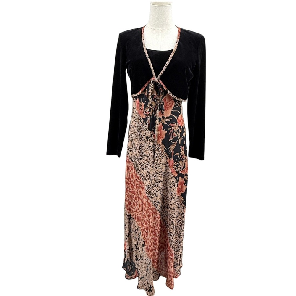 Y2K Carole Little Women Maxi Dress Black Floral Velvet Patchwork Fairy Grunge 4